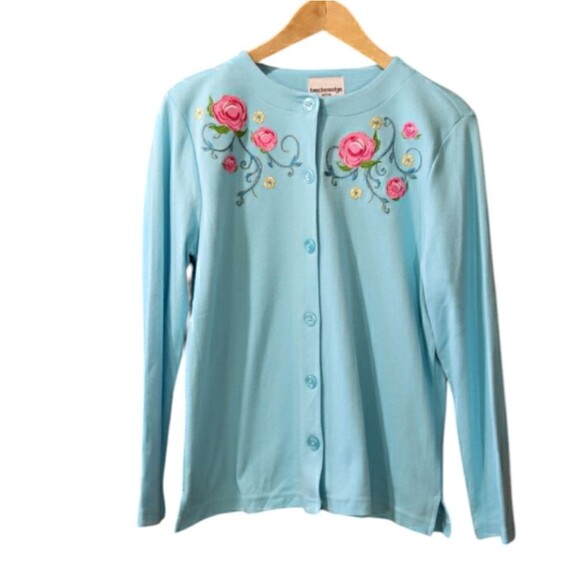 Breckenridge Petite Robin Egg Blue Floral Embroidered Cardigan Sweater Medium - Picture 1 of 14